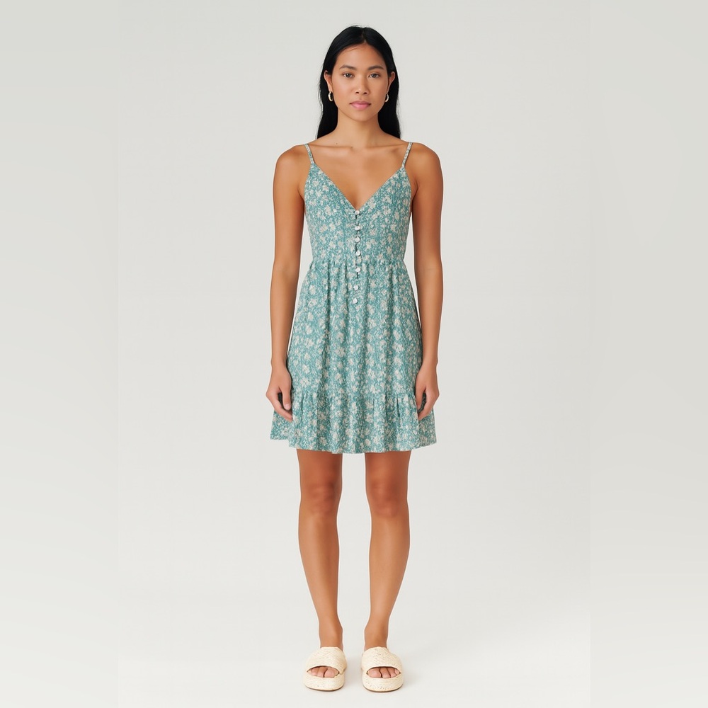Zaful Floral Mini Dress Green White Button Front Spaghetti Straps NWT Size S